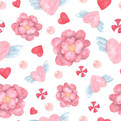 Seamless romantic pattern with watercolor flowers, cards and sweets. Great for scrapbook paper design, packaging, cards, textiles, linen, fabrics and any design.