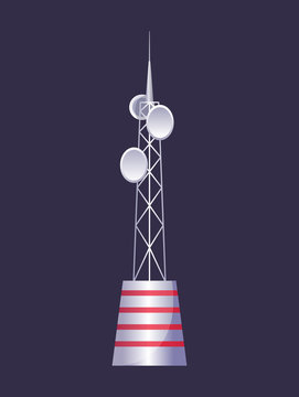 Wireless tower. Tv radio network communication satellite antena signal vector pictures. Communication tower. Cellular broadcasting tv wireless radio antena satellite construction