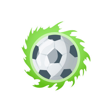 Football or soccer balls with motion trails in black and white for sporting emblems, logo design. Collection of soccer balls with curved color motion trails vector illustrations