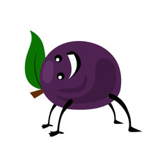 Sport plum character. Funny fruit food on sport exercises, fitness vitaminic human healthy nutrition vector illustration