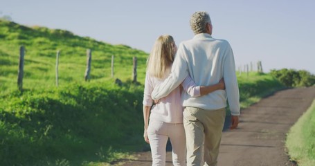 Happy elderly couple taking a walk outdoors together on a sunny country road with green pasture fields, older mature couple enjoying the golden years of retirement - Powered by Adobe