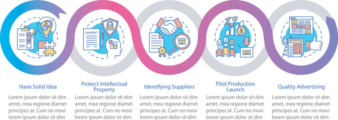 Start local production vector infographic template. Business presentation design elements. Data visualization with five steps and options. Process timeline chart. Workflow layout with linear icons
