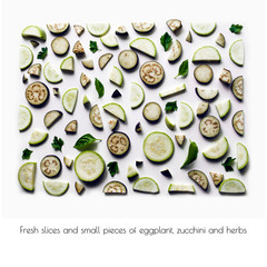 Fresh vegetables or vegetable background. Sliced  slices of eggplant and zucchini on a white background. Sample of food. Delicious texture. View from above.