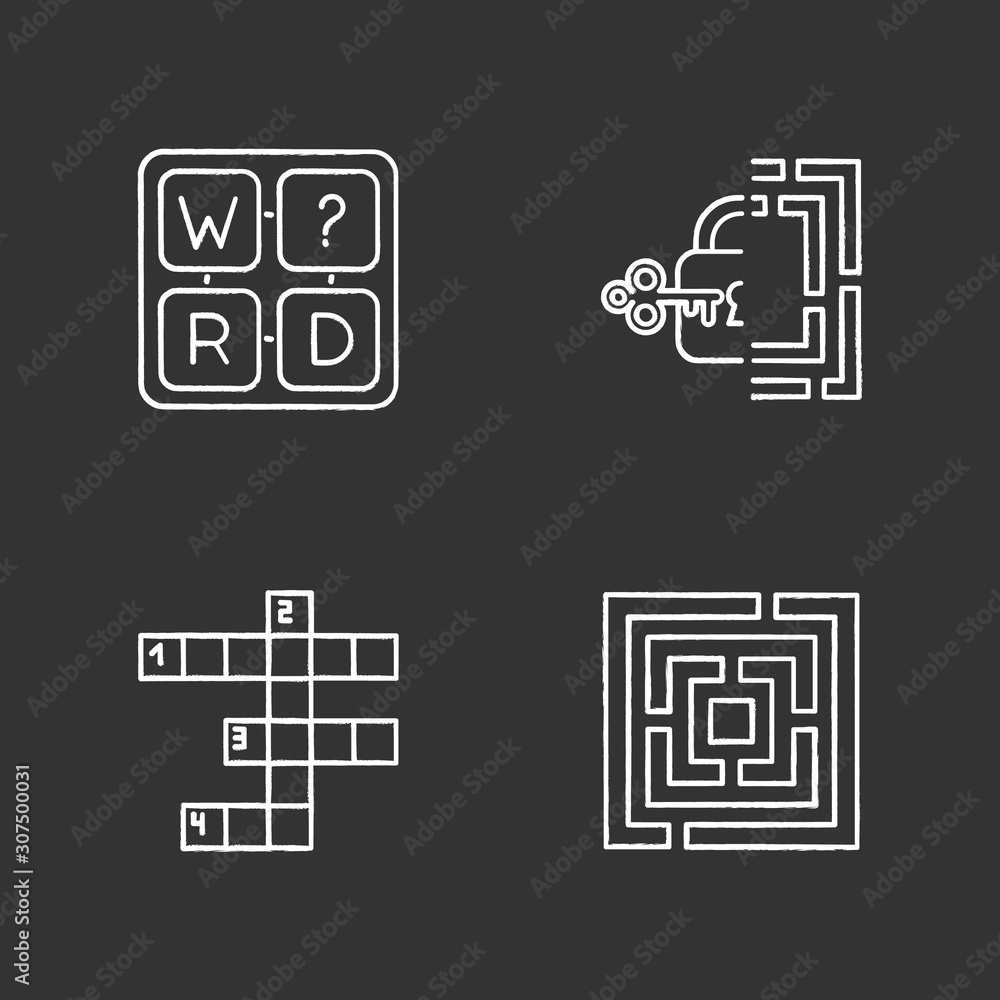 Poster puzzles and riddles chalk icons set. missing letter game. maze, labirynth. crossword. logic games. m