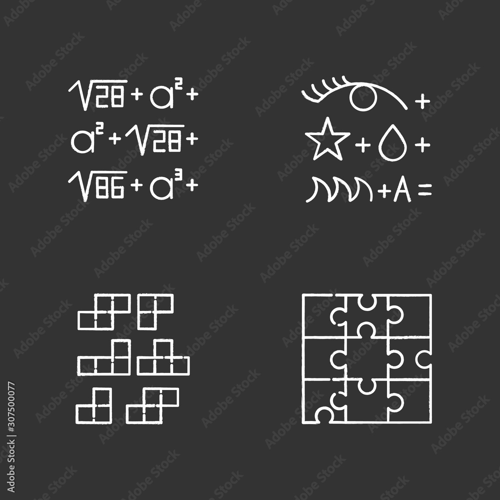 Poster puzzles and riddles chalk icons set. rebus. block puzzle, tile matching. jigsaw. logic games. mental