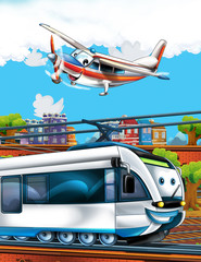 Cartoon funny looking train on the train station near the city and flying plane - illustration for children