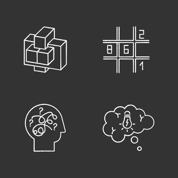 Puzzles and riddles chalk icons set. Sudoku. Puzzled mind. Problem solving. Thought bubble. Mechanical puzzles. Logic games. Mental exercise. Brain teaser. Isolated vector chalkboard illustrations
