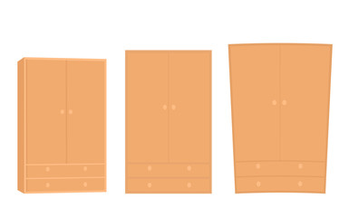 Three wooden cabinets with drawers and closed doors. Vector isolated illustration for interior design.