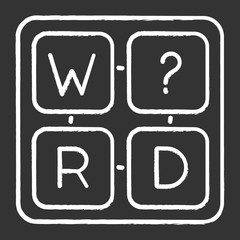 Missing letter puzzle chalk icon. Word game. Mental exercise. Challenge. Language, vocabulary test. Brain teaser. Problem solving. Solution finding. Isolated vector chalkboard illustration