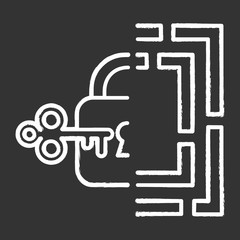 Riddle solution finding chalk icon. Maze, key-lock puzzle. Mental exercise. Logic game. Ingenuity, knowledge, intelligence test. Brain teaser. Problem solving. Isolated vector chalkboard illustration