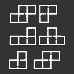 Tiling puzzle chalk icon. Tile-matching game. Block arrangement. Mental exercise. Ingenuity, intelligence test. Brain teaser. Problem solving. Solution finding. Isolated vector chalkboard illustration