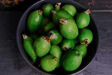 Bowl of ripe feijoa fruit (acca sellowiana).