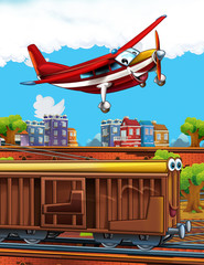Cartoon funny look train wagon on station near the city and flying fireman plane - illustration for children