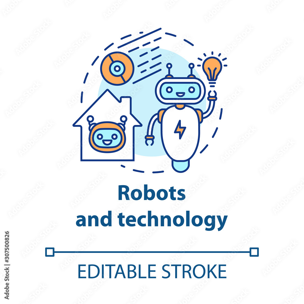 Poster robots and technology concept icon. smart house management idea thin line illustration. innovations 