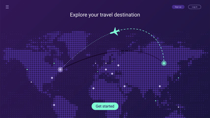 Travel Landing Page Concept. World Travel Map Template with Airplane and Route Destination. Violet futuristic Halftone Dots Background. Vector EPS 10