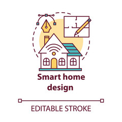 Smart home design concept icon. Modern house plan idea thin line illustration. Creating home with innovative systems. Contemporary homebuilding. Vector isolated outline drawing. Editable stroke