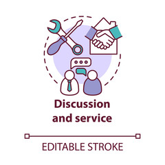 Discussion and service concept icon. Smart house customer support idea thin line illustration. Helping with innovative technology problems. Vector isolated outline drawing. Editable stroke