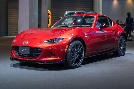 Bangkok, Thailand - November 28, 2019 : New Mazda MX-5 red color luxury sports on display in Motor Expo 36th 2019 at Impact Exhibition Thailand