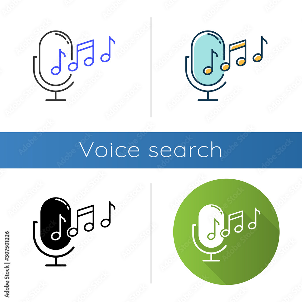 Poster ringtone recognition icons set. melody definition app idea. sound recorded. microphone and notes, mu