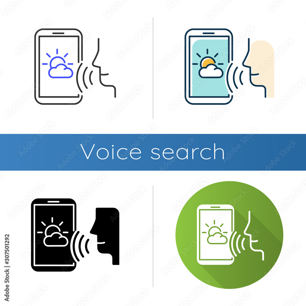 Poster weather forecast voice search icons set. smartphone sound command idea. meteorology app, mobile appl