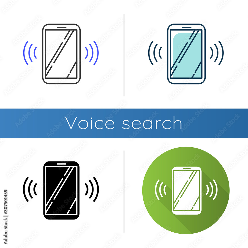 Poster ringing smartphone icons set. mobile voice control idea. sound command. loud volume, audio frequency