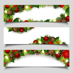 Naklejka na ściany i meble Set of vector Christmas web banners with fir-tree branches, red balls, cones, poinsettia and lights.