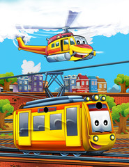 Obraz na płótnie Canvas Cartoon funny looking train on the train station near the city and flying emergency helicopter - illustration for children