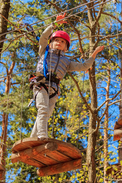 Portrait of cute little boy and girl walk on a rope bridge in an adventure rope park.
