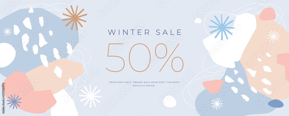Aufkleber Horizontal banner with holiday discounts. Winter abstract pattern. Chaotic spots with natural colorful shapes. New Year's seasonal sales. Universal vector illustration for your design in a flat style.