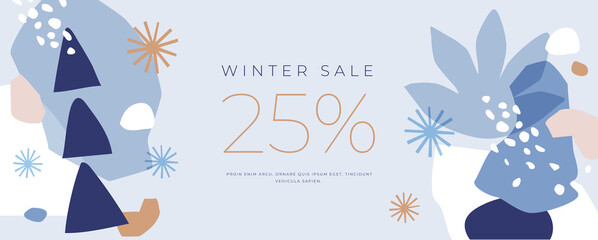 Horizontal banner with holiday discounts. Winter abstract pattern. Chaotic spots with natural colorful shapes. New Year's seasonal sales. Universal vector illustration for your design in a flat style.