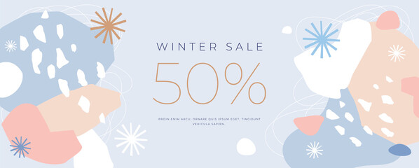 Horizontal banner with holiday discounts. Winter abstract pattern. Chaotic spots with natural colorful shapes. New Year's seasonal sales. Universal vector illustration for your design in a flat style.