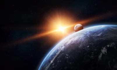 Fototapeten Erdplanet mit Sloar-Licht im Weltraum. Sonne, Mond und Sterne. Elemente dieses von der NASA bereitgestellten Bildes © dimazel