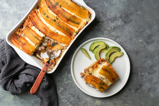 Plantain Lasagna (Pastelon) Puerto Rican tipical food, and Dominican Repubic