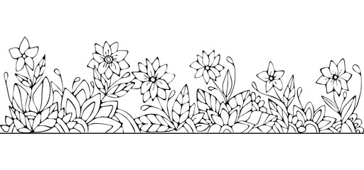 Line drawing border from cartoon flowers and leaves. Good for coloring book pages.