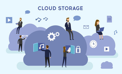 Cloud storage concept. People using mobile gadgets such as tablet, pc, mobile phone and laptop for downloading app from cloud storage. Flat style. Vector illustration