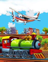 Fototapeta premium Kreskówka wyglądający zabawnie parowóz na dworcu w pobliżu miasta i lecący samolot - ilustracja dla dzieci