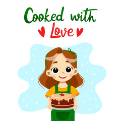 Little Girl with cake. Cartoon character. Cook with love text. Template for pastry store, confectionery. Flat style. Vector illustration