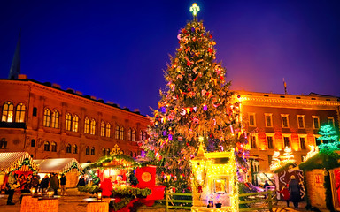 Tree at Night Christmas Market on Dome square in Winter Riga, Latvia. Advent Fair Decoration and...