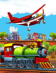Obraz na płótnie Canvas Cartoon funny looking steam train on the train station near the city and flying fireman plane - illustration for children