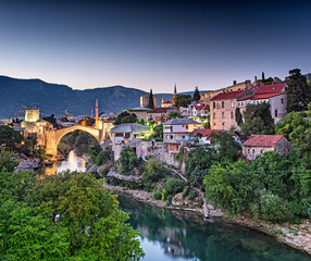 Amazing Mostar Bridge in sunset colors