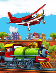 Cartoon funny looking steam train on the train station near the city and flying fireman plane - illustration for children