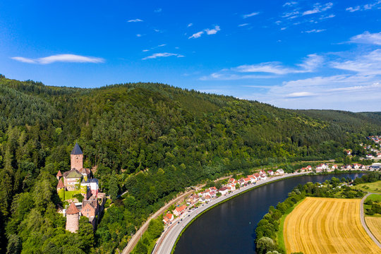 Aerial view of Zwingenberg Castle on mountain by Neckar River, Hesse, Germany