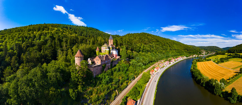 Aerial view of Zwingenberg Castle on mountain by Neckar River, Hesse, Germany © Westend61