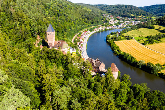 Aerial view of Zwingenberg Castle on mountain by Neckar River, Hesse, Germany