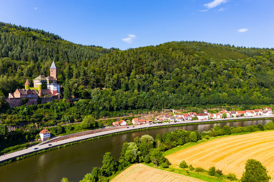 Zwingenberg Castle on mountain by Neckar River against blue sky, Hesse, Germany