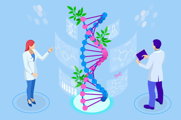 Isometric concept of laboratory exploring new methods of plant breeding and agricultural genetics. Plants growing in the test tubes. - obrazy, fototapety, plakaty