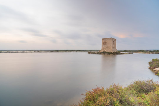 Spain, Alicante, Santa Pola, Tamarit?Tower at dusk