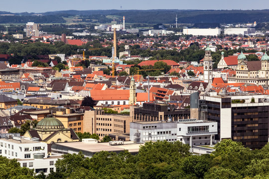 Aerial view of Augsburg cityscape during sunny day, Germany