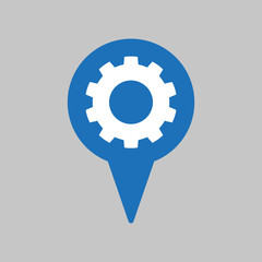 Map pointer with gear icon on grey background.
