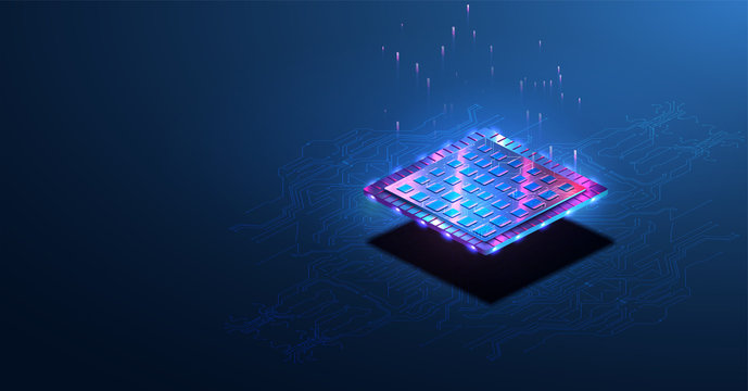Abstract tech web site.Trendy HUD background,colorful. Futuristic design of an Artificial Intelligence chip with Tech elements. Futuristic microchip processor with lights on the blue background.Vector